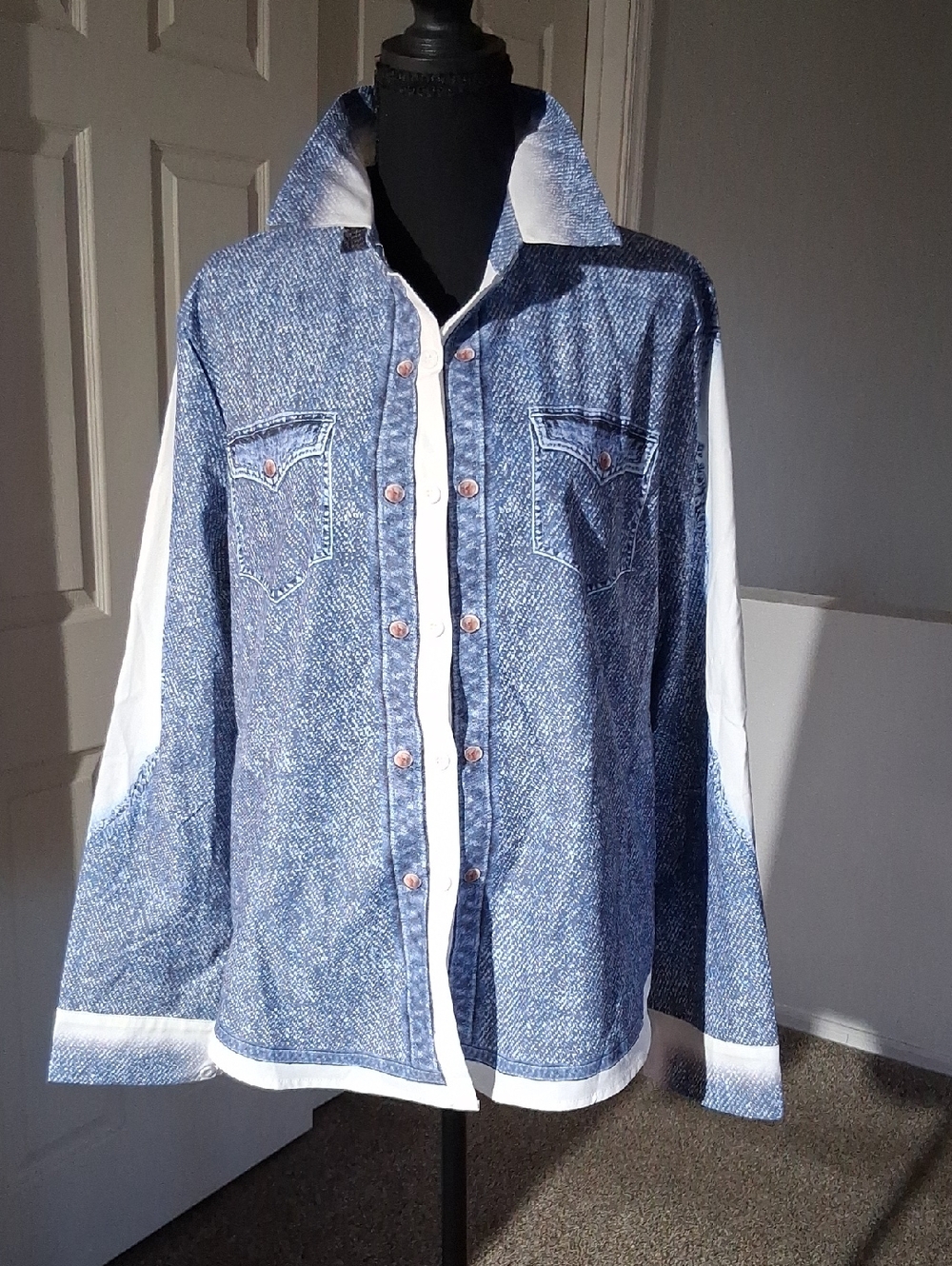 Blue Denim-Look Button Front Shirt with White Trim